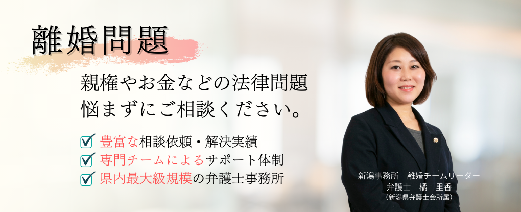 新潟県新潟市にお住まいで、離婚問題に関わる親権やお金などの法律問題でお悩みの方へ。悩まずにご相談ください。一新総合法律事務所は設立当初から、あらゆる法律問題を扱ってきました。あなたの抱えている悩みを一度私たちにご相談ください。